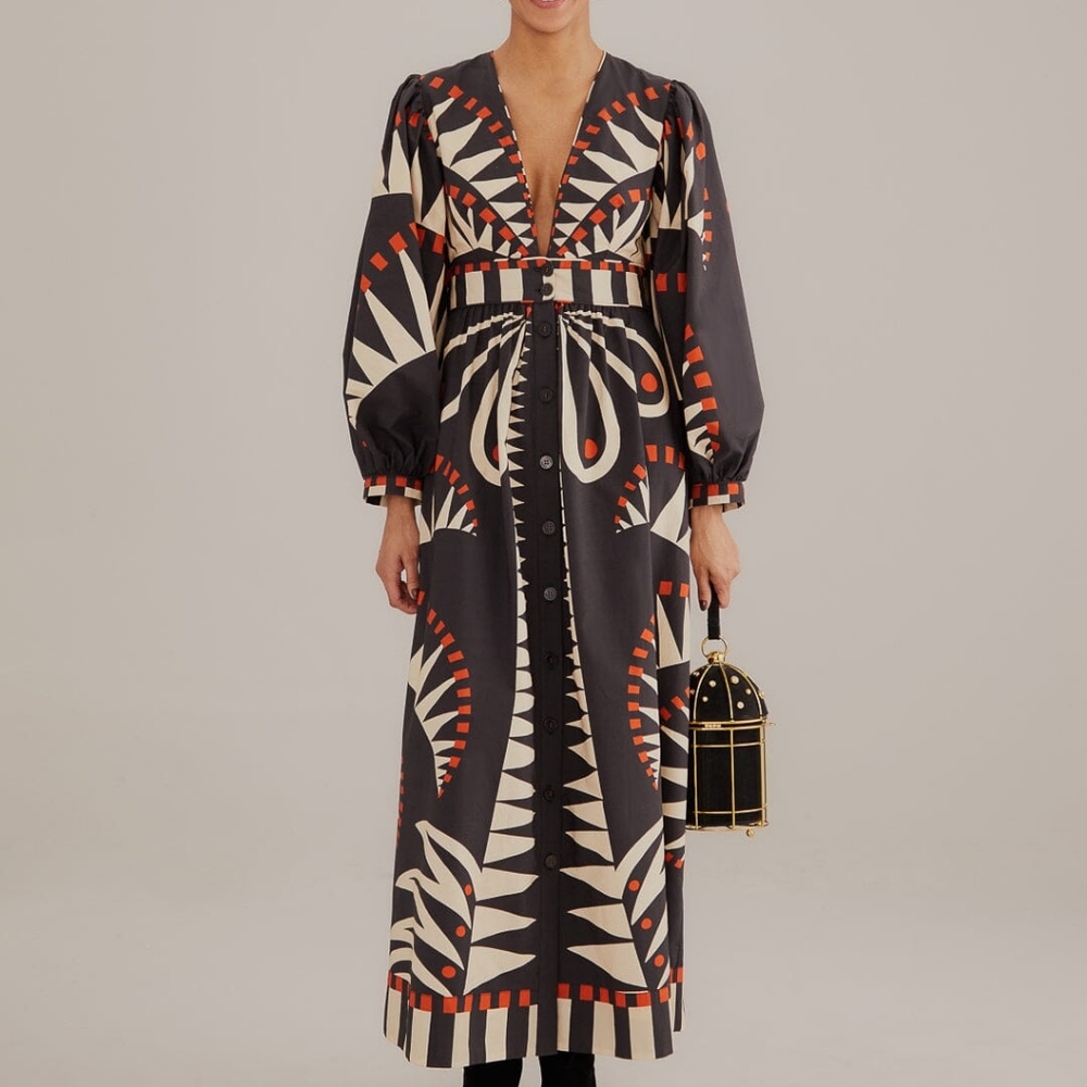 Farm Rio Black Coconut Grove Puff Sleeve Maxi Dress